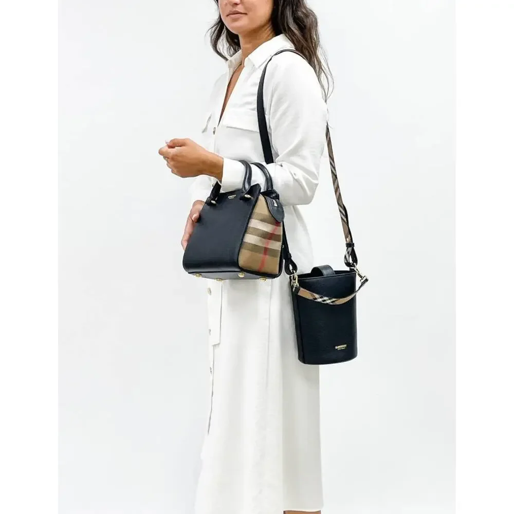 NWT BURBERRY BANWELL BLACK LEATHER CHECK CANVAS HOULDER TOTE BAG $ 1950 - Picture 2 of 13